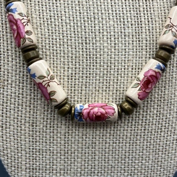 Floral Beaded Necklace Ceramic Pink Rose Cream Blue Green Bronze Cord Soft Girl - Picture 9 of 9